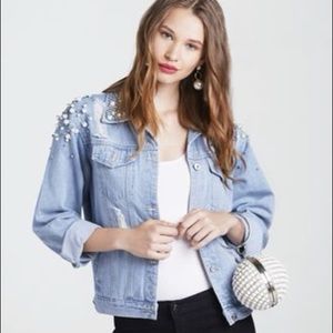 Pearl Beaded Distressed Denim Jean Jacket